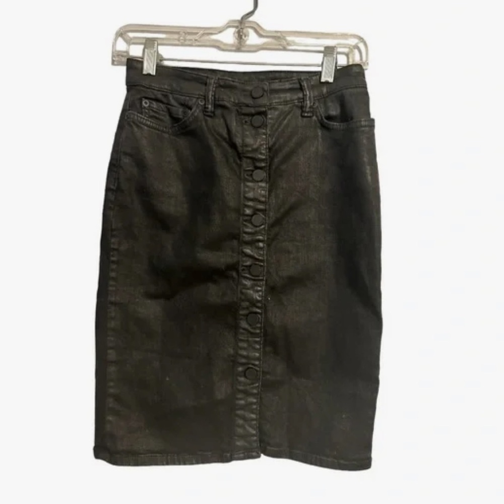 All Saints Waxy “Denim” Buttoned Pencil Skirt